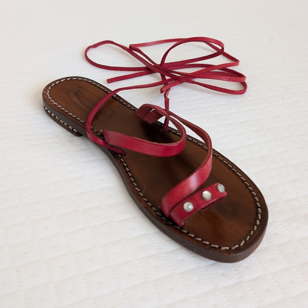 Spaziomoda Red Leather Lace-Up Strappy Gladiator Sandal, diamond studs, size 7.5 - Picture 2 of 15